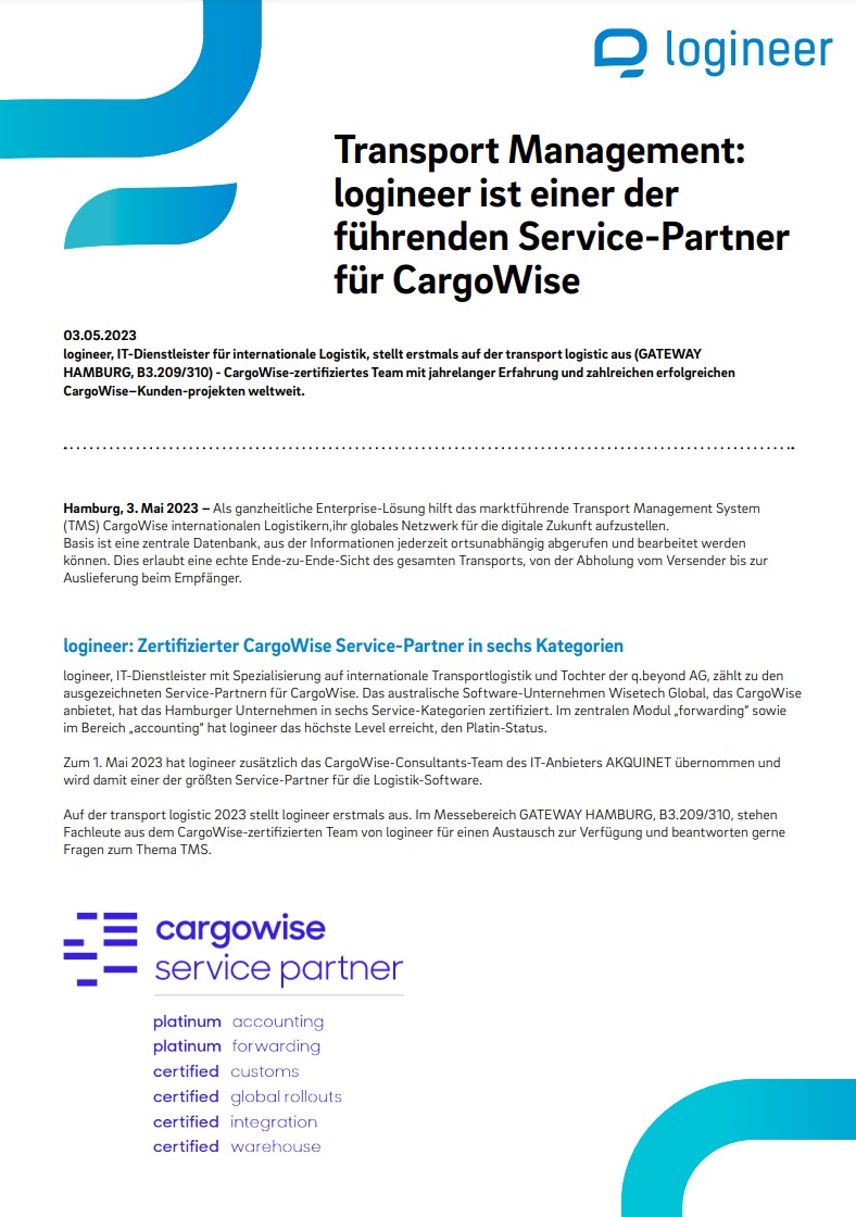 „Transport Management: logineer ist einer der führenden Service-Partner für CargoWise“ „Transport Management: logineer ist einer der führenden Service-Partner für CargoWise“